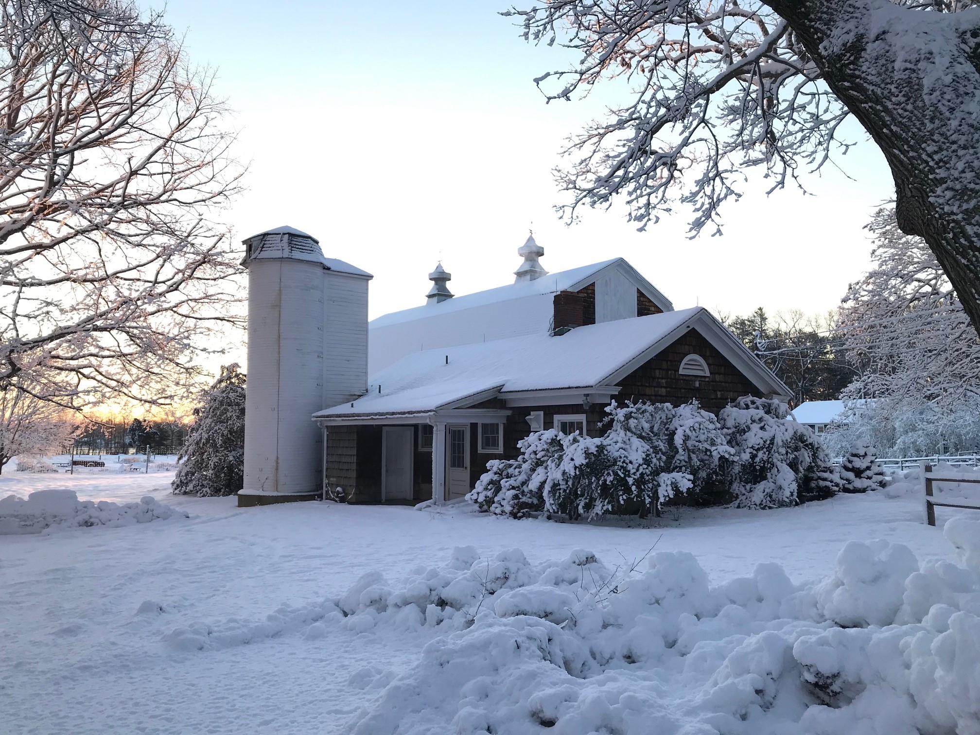 Photograph of the cow barn covered in snow.