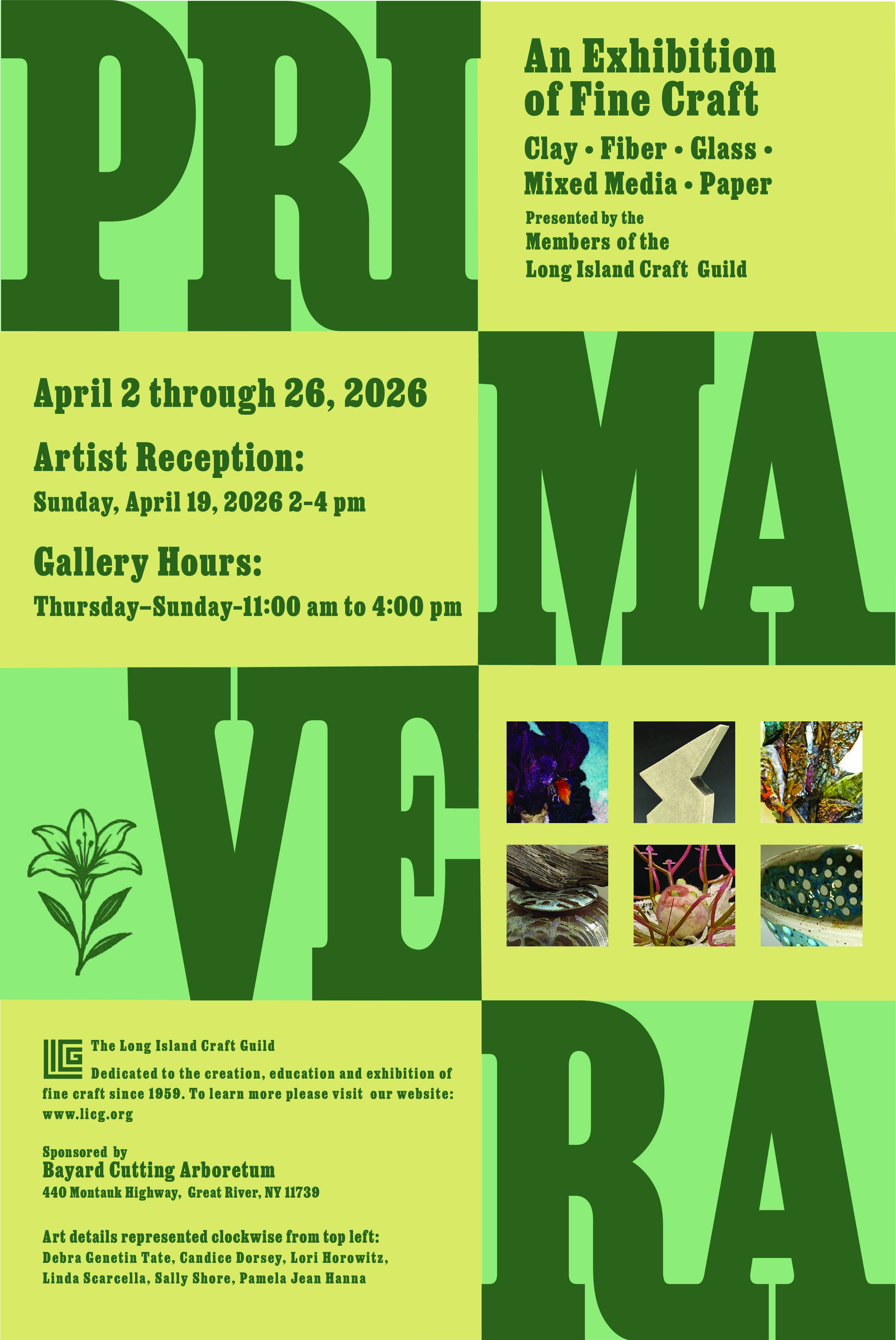 An images of the Primavera Fine Craft Exhibition Show Flyer that is happening at the Bayard Cutting Arboretum April 2, 2026 - April 26, 2026.